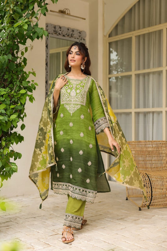 Premium Green Embroidered Kurta Set with Designer Dupatta
